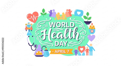 World health day april 7th colorful illustration with medical symbols and icons for healthcare awareness campaign