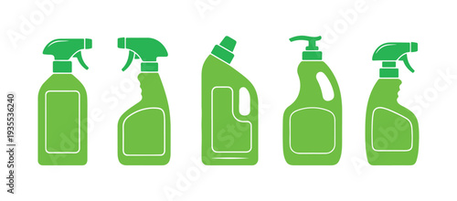 Colorful household detergent bottle icon set in flat vector form.