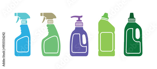 Multicolor sanitation product bottle icons isolated, vector image set.