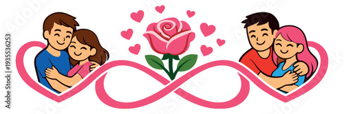 Cartoon graphic illustration of a loving couple and a rose depicting embracing within an infinity symbol surrounded by hearts for romantic relationships
