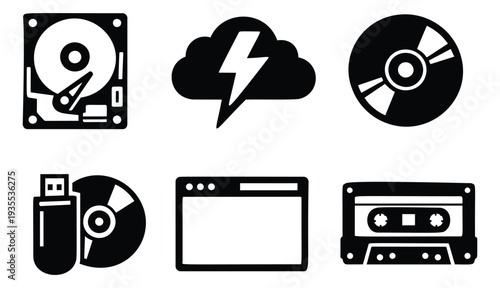 Modern solid data storage and computing icons set featuring a hard drive, cloud data, optical disc, usb flash drive, web browser, and audio cassette for digital technology and data management