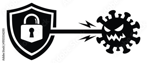 Graphic illustration of a shield and virus depicting protection against infection for health security