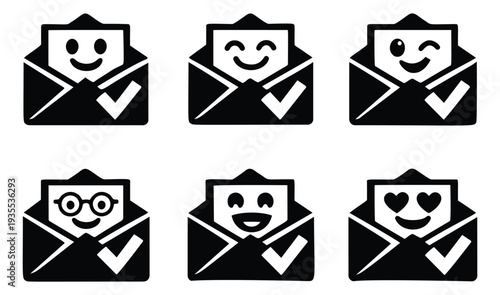 Simple iconic email message icons set featuring various emoji expressions and a checkmark for digital communication and feedback