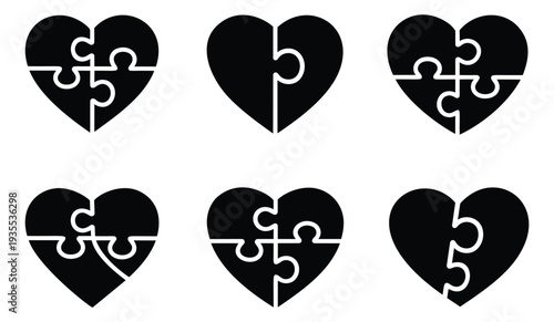 Graphic puzzle heart icon set featuring various interconnected pieces for themes of love and partnership