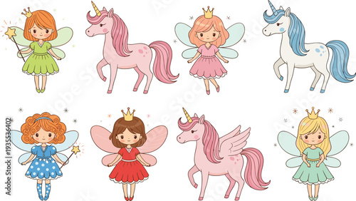 Cute Fairy Princess and Unicorn Cartoon Collection with Magic Wand, Wings and Fantasy Characters Vector Illustration Set