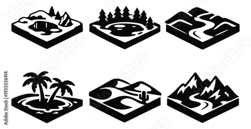Isometric graphic landscape icons set featuring diverse natural terrains for mapping and game design