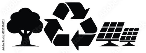 Solid style environmental icon set featuring a tree, recycling symbol, and solar panels for sustainability concepts