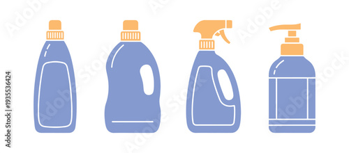 Multicolored cleaning product bottle wash symbol set, flat vector illustration.