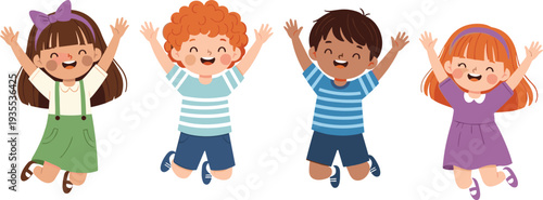 Set of Happy Children Jumping with Joy, Diverse Group of Preschool Kids Celebrating Together Vector Illustration