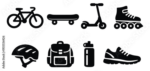 Simple icon set featuring various sports equipment and accessories for an active lifestyle