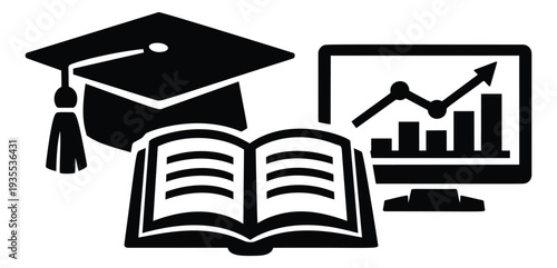 Modern education glyph set featuring a graduation cap, open book, and growth chart on a monitor for academic success and career development