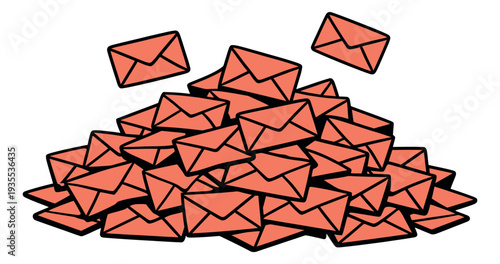 Hand drawn line art illustration of envelopes depicting a huge pile of mail for communication overload concepts