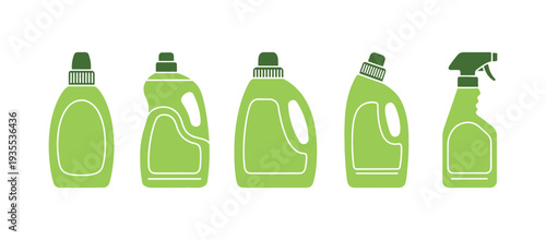 Vibrant household cleaner bottle icon pack separated on background, vector graphic.