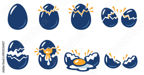 Modern graphic egg set featuring various stages of whole, cracking, and broken eggs for food and development concepts