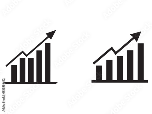 Two black bar graphs with arrows indicating growth and increase in business and finance data analysis and statistics on white background