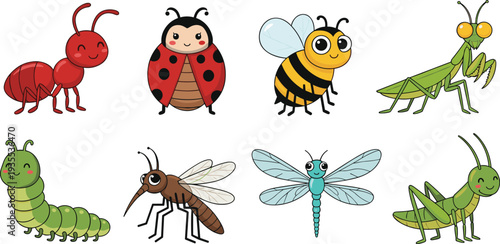 Cute Garden Insects Cartoon Collection with Ant, Ladybug, Bee, Praying Mantis, Caterpillar and Dragonfly Vector Illustration Set