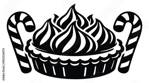 Hand drawn illustration of a cream pie and candy canes depicting a festive dessert for holiday celebrations