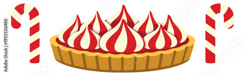 Flat design festive dessert set featuring a striped meringue tart and candy canes for holiday celebrations