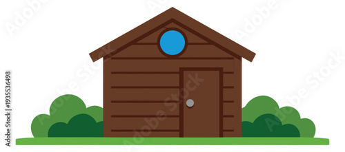 Modern flat design illustration of a garden shed depicting a simple wooden structure with green bushes for outdoor storage