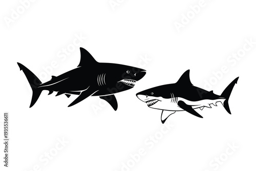 Two black and white shark silhouettes swimming side by side in the ocean Vector