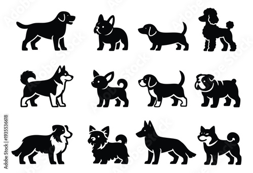 Minimalist dog breeds set featuring a collection of popular domestic pets for pet care and design