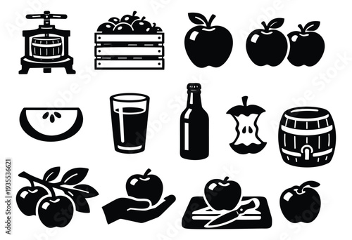 Graphic apple and cider set featuring fruit, a press, drinks, and a barrel for harvest and beverage concepts