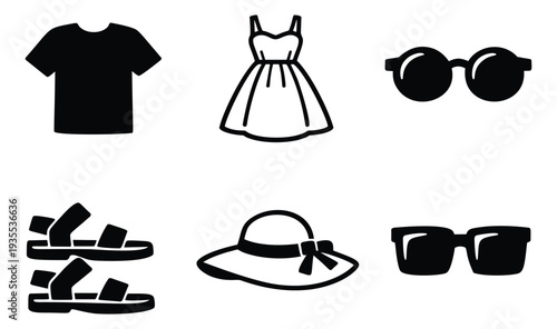 Glyph and line art style clothing and accessories set featuring a t-shirt, dress, sandals, hat, and two types of sunglasses for summer wear