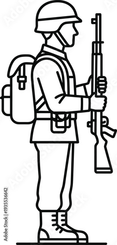 Military Soldier Line Icon Illustration with Rifle and Backpack, Army Infantry Trooper Standing in Uniform, Defense and Security Forces Symbol