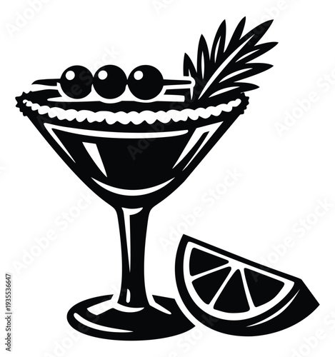 Graphic illustration of a cocktail glass depicting a garnished drink and lemon slice for bar and restaurant menus