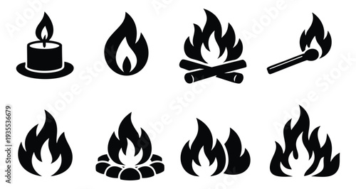 Silhouette fire icon set featuring burning candles, matches, and campfires for heat, energy, and warning concepts