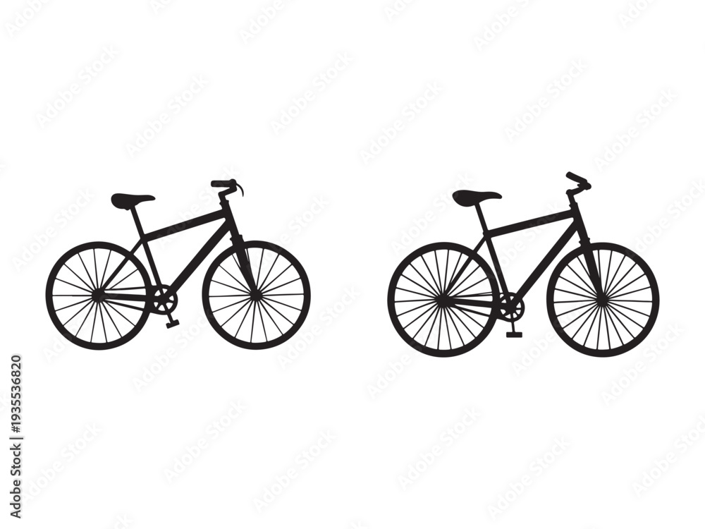 Fototapeta premium Two black bicycle silhouettes side by side on white background bike illustrations
