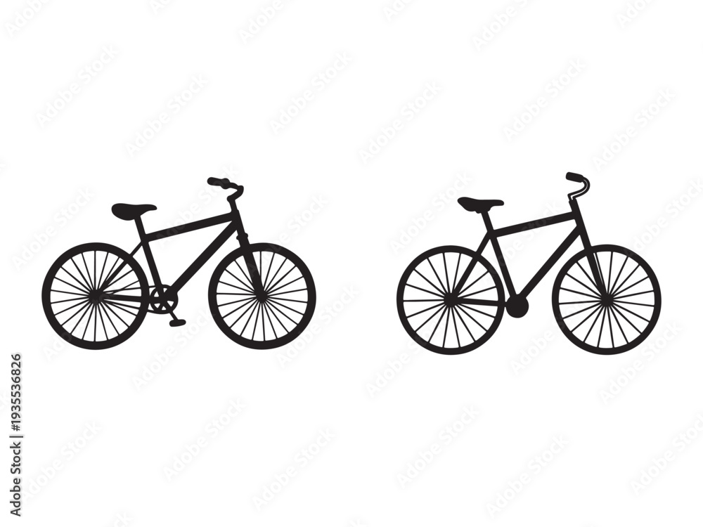 Fototapeta premium Two black bicycle silhouettes side by side on white background bikes have thin wheels and minimalist design