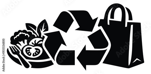 Graphic elements set featuring a recycling symbol, fresh produce, and a shopping bag for sustainable living