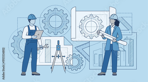 Engineers working together on a construction project with technical drawings.
