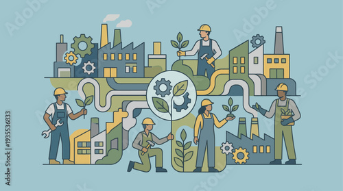 Industrial workers promoting sustainability and eco-friendly practices in a factory setting.