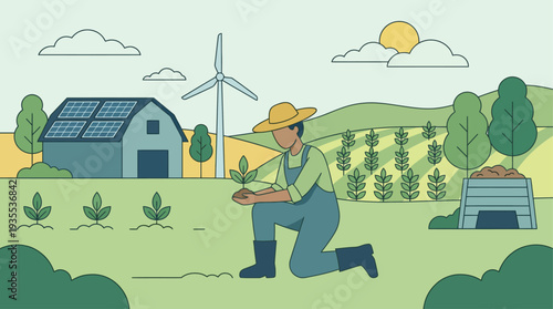 Farmer tending to plants in a sustainable farm with renewable energy.