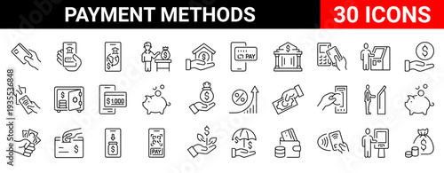 Modern payment line icons set designed for digital transactions, online payments and financial services. Clean outline icons with editable stroke, mobile wallets.