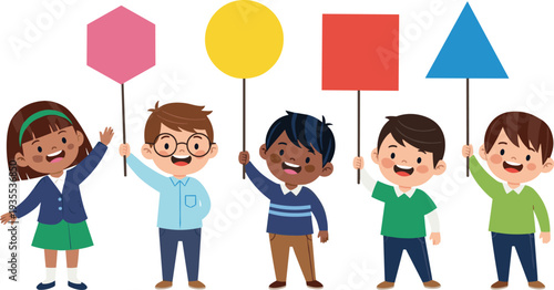 Set of Happy Children Holding Colorful Geometric Shapes on Sticks, Preschool Education and Learning Concept Vector Illustration