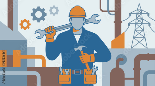Industrial worker with tools in a factory setting.