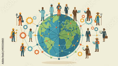 Global Connection and Collaboration Concept with People and Gears.