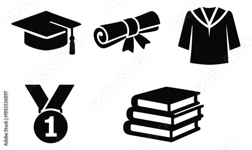 Graphic academic set featuring a graduation cap, diploma, gown, achievement medal, and books for educational success and celebration