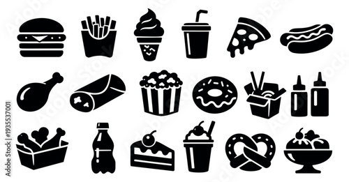 Graphic silhouette fast food and snack icons set featuring burgers, fries, pizza, and desserts for web and menu design