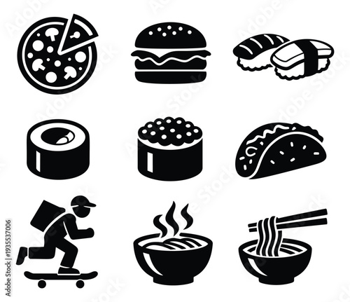 Simple graphic food icons set featuring pizza, burger, sushi, taco, noodles and a delivery person for food delivery services