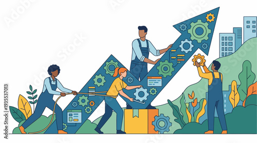 Teamwork and collaboration building a large arrow with gears.