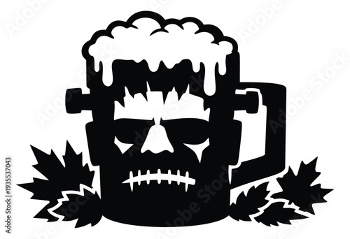 Graphic illustration of a frankenstein monster beer mug depicting a frothy beverage surrounded by autumn leaves for halloween celebrations