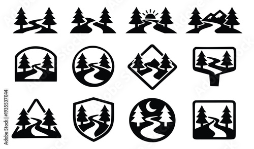 Symbolic nature icon set featuring winding paths, pine trees, and mountain landscapes for outdoor adventure and travel