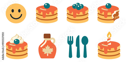 Cartoon style breakfast set featuring pancakes, a smiley face, maple syrup, and cutlery for morning meals