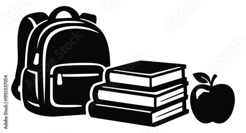 Stylized school supplies set featuring a backpack, stacked books and an apple for education