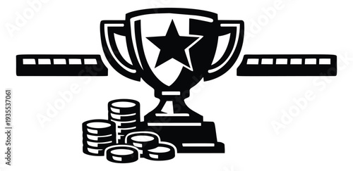 Bold graphic achievement set featuring a star trophy, stacked coins, and progress bars for game or business success