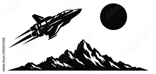 Silhouette graphic illustration of a futuristic jet depicting flight over a mountain landscape for space exploration
